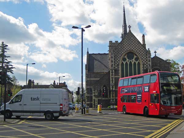 The No 34 bus turning outside Barnet College