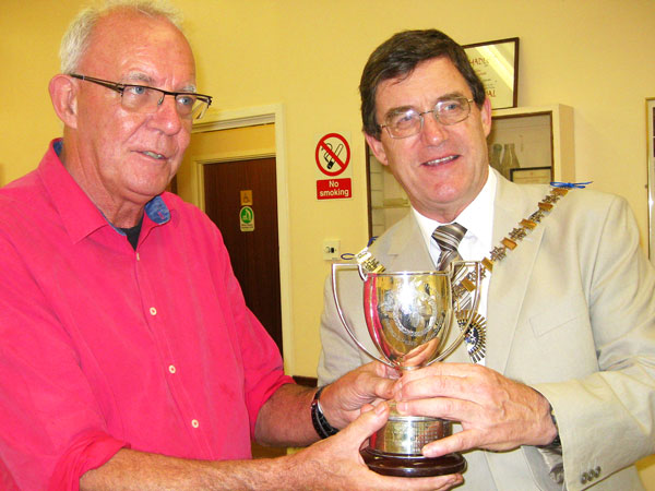 Geoff Hood, chairman of Barnet Beekeepers, being presented with the Ellis Cup by the Mayor of Barnet