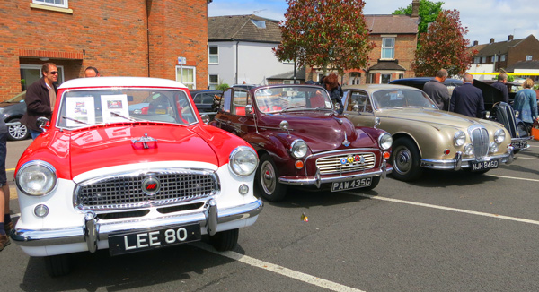 Jon and Janine Richard’s Nash Metropolitan; Beverley Green’s Morris Minor Convertible; and Lewis Green’s V8 Daimler