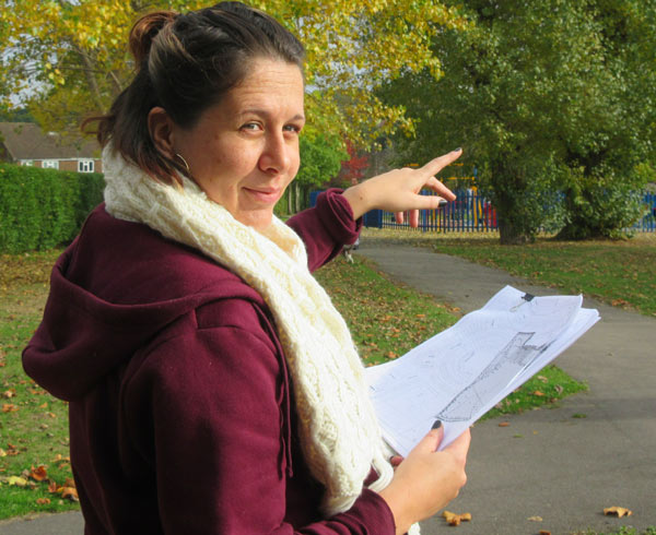 Zoe O’Connor points to trees that are to be felled despite Barnet Council’s bat survey