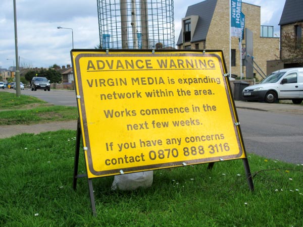 Virgin Media roadworks sign