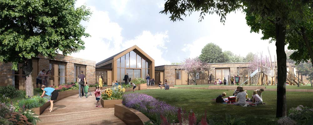 Artists impression of the building showing the sensory gardens