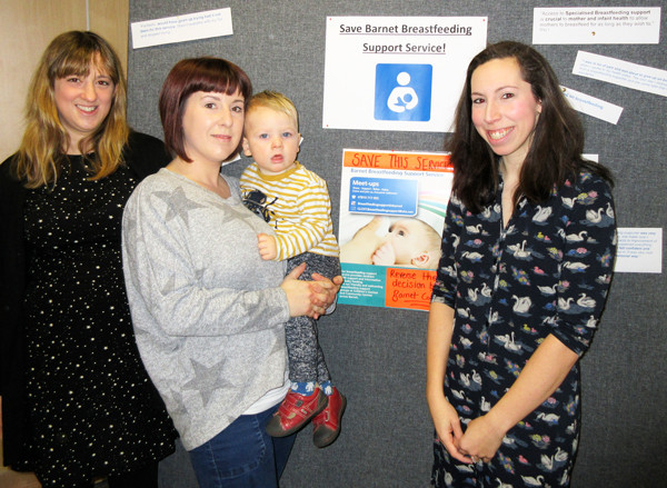 Rebekah Smith (far right) is at the forefront of the campaign to save Barnet Breastfeeding service. (From left to right) Sara Starr, Natalie Wilson and her 18-month-old son Oliver, and Ms Smith