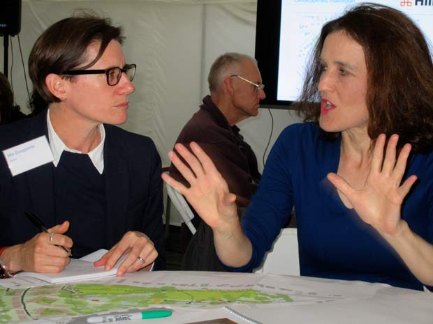 Theresa Villiers, MP for Chipping Barnet, (right) who took part in the community workshop, with Mia Scaggiante from planning consultants Savills.