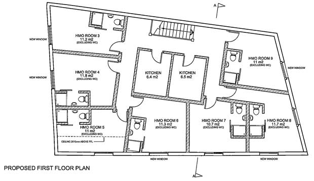 The planning application showing the lay-out of the seven rooms and two communal kitchens on the first floor of the former Barnet Antique and Vintage Centre