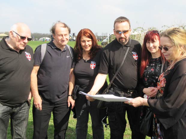 Members of the House of Bayard medieval re-enactors preparing their plans for battle re-enactments and living history displays at this year’s Barnet Medieval Festival on the weekend of June 8-9. From left to right, Peter Grand, Rodney Burt, Linda Godden, Ben Godden, Jenny Mix and Shelagh Best.