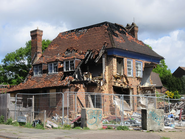 The former Jester public house -- opposite the now closed community church – has been left derelict since a fire in March 2018