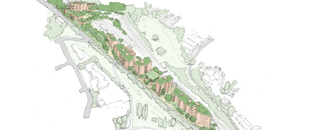 An artist’s impression of the blocks of flats to be built on land around High Barnet tube station, alongside Barnet Hill, from the junction with Meadway to the bridge at Underhill